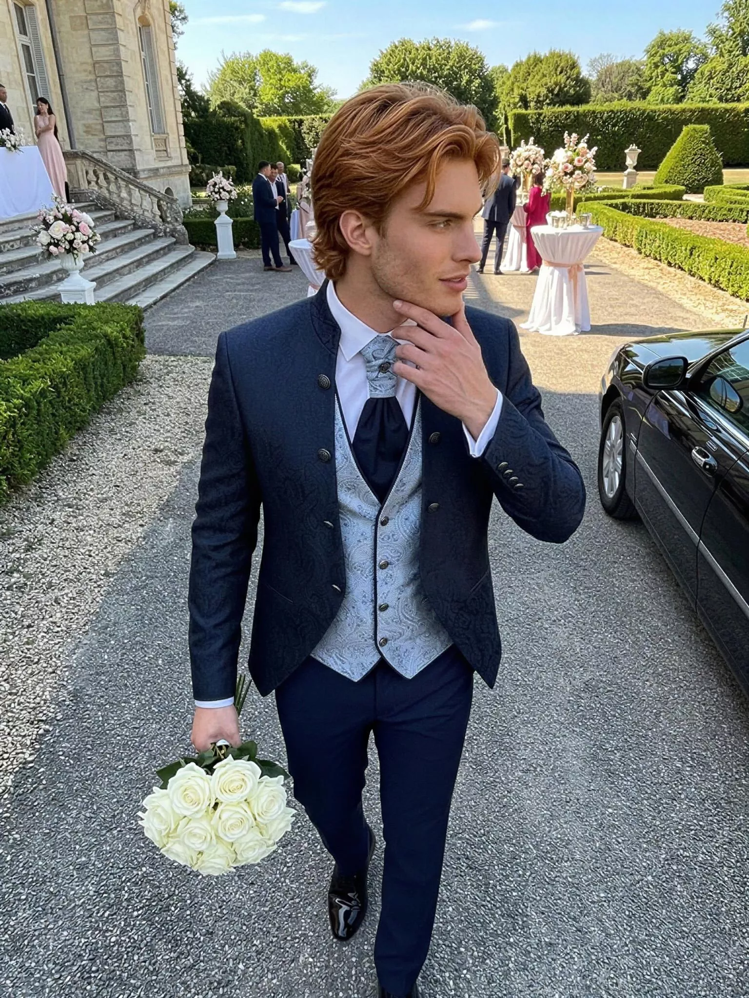 Traje de novio Gavin, pose cenital, color azul noche tela jacquard, cuello mao de ceremonia, Atelier Masculini