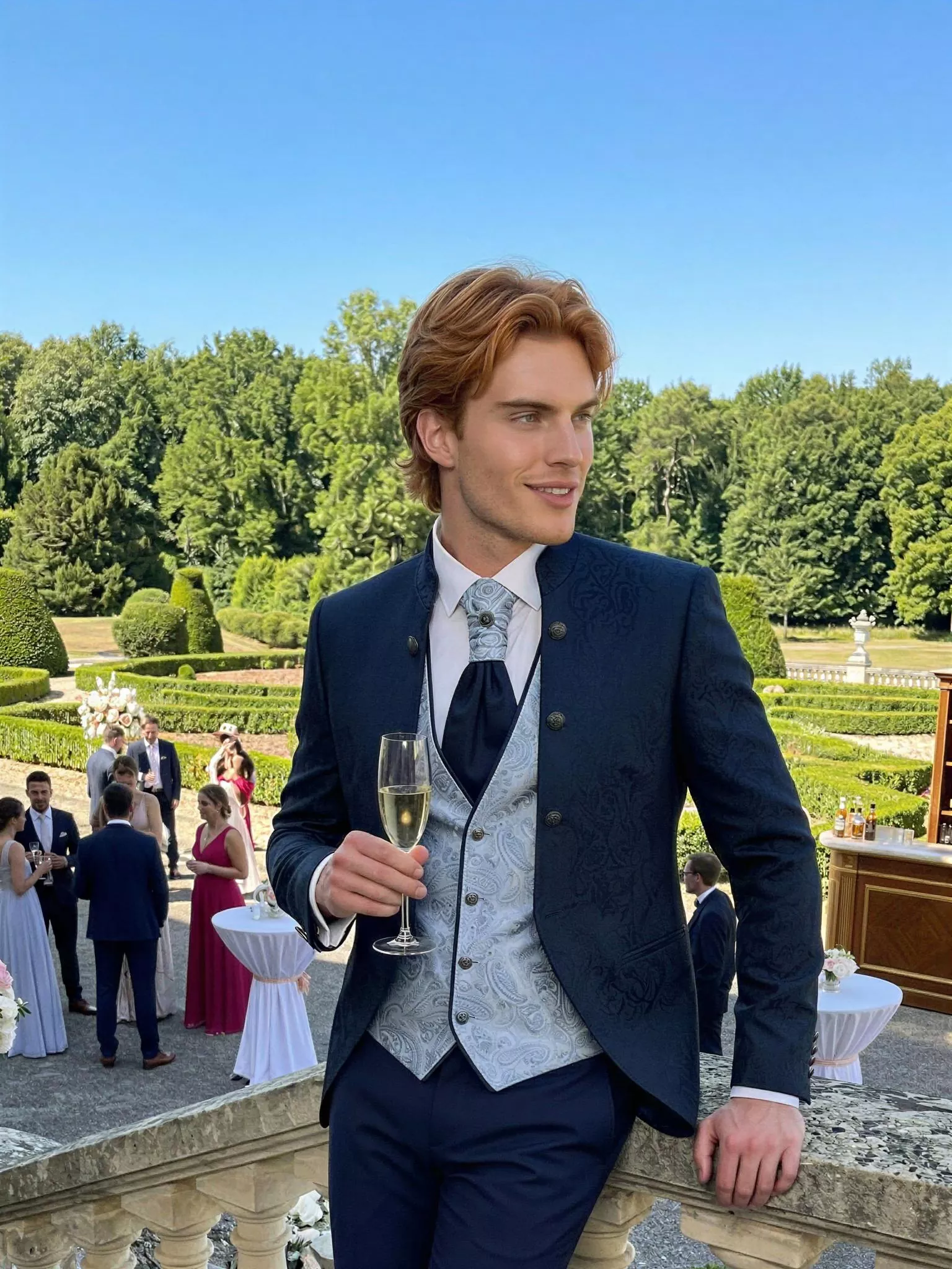 Traje de novio Gavin, pose escalera, color azul noche tela jacquard, cuello mao de ceremonia, Atelier Masculini