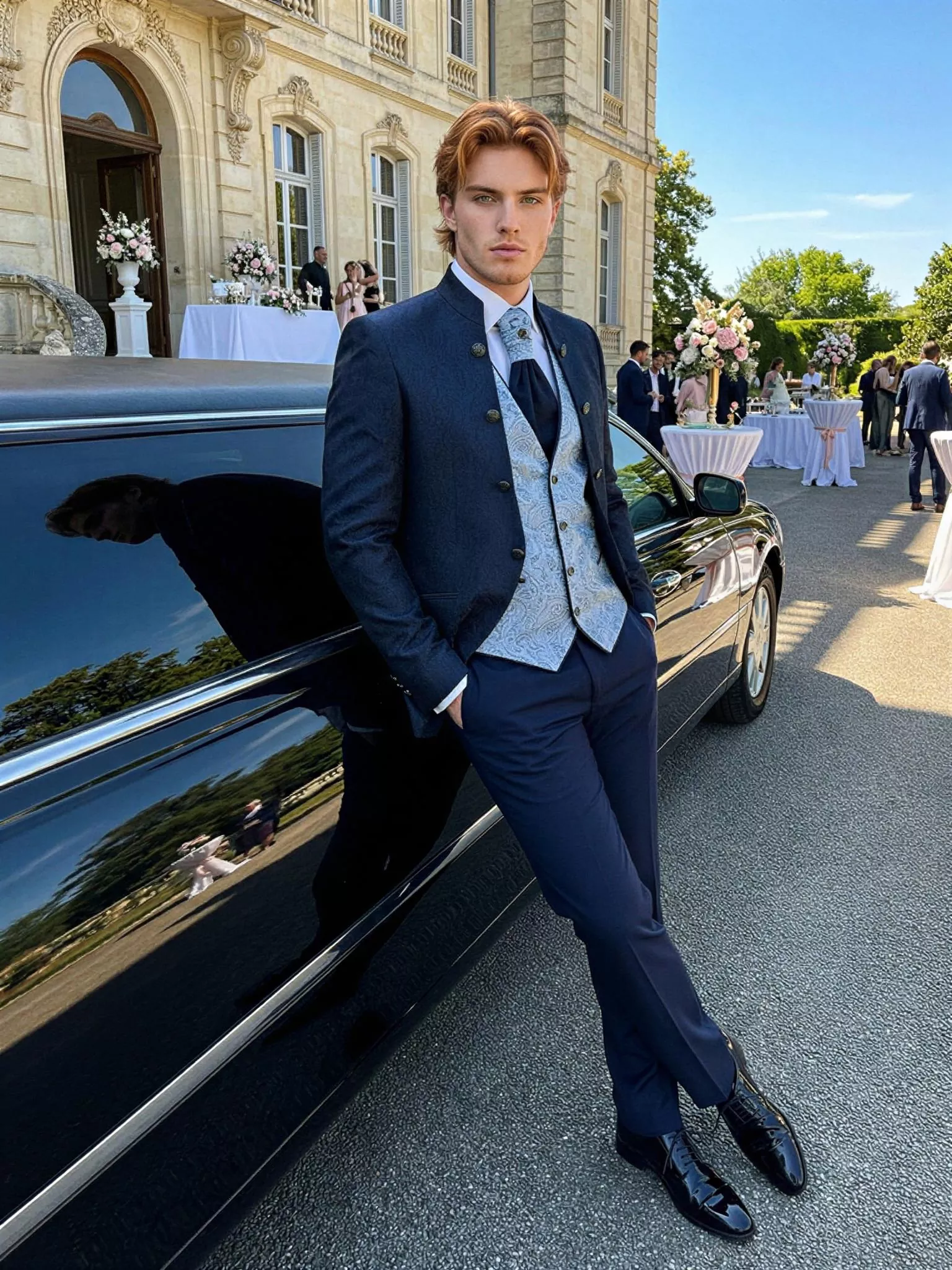 Traje de novio Gavin, pose frontal, color azul noche tela jacquard, cuello mao de ceremonia, Atelier Masculini