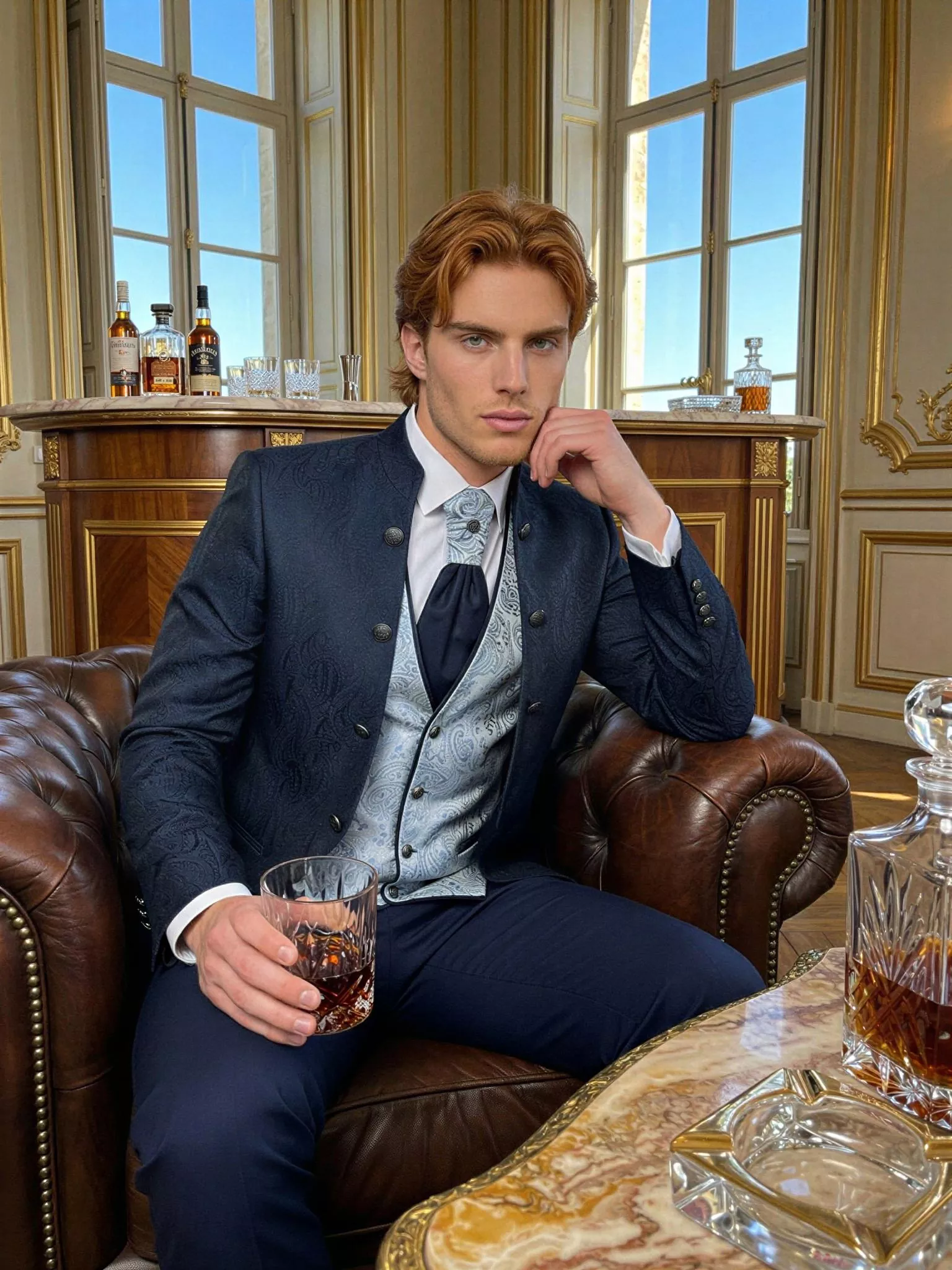 Traje de novio Gavin, pose sentado, color azul noche tela jacquard, cuello mao de ceremonia, Atelier Masculini